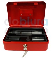 Kasetka na pieniądze czerwona z wkładką na bilon zamykana na klucz Metalplus