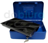 Kasetka na pieniądze niebieska z wkładką na bilon zamykana na klucz Metalplus